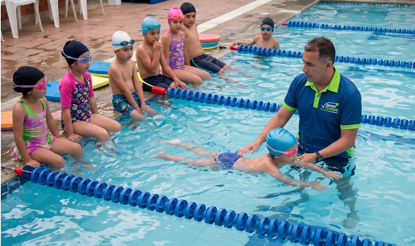 Children in a swimming lesson with their coach