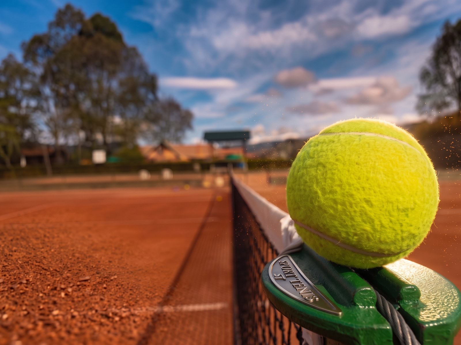 Tennis ball resting on the net, with the clay court behind